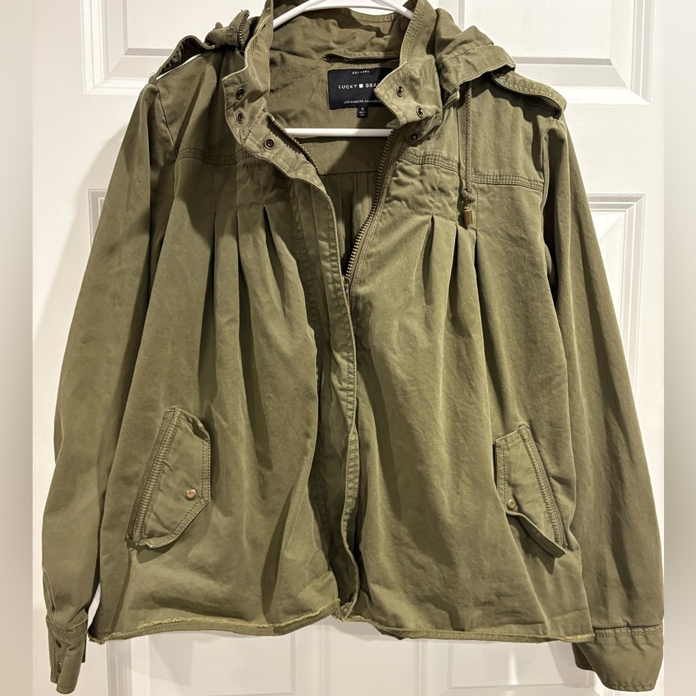 Lucky Brand Army Green Babydoll Jacket with Hood & Raw Hem, Size Small